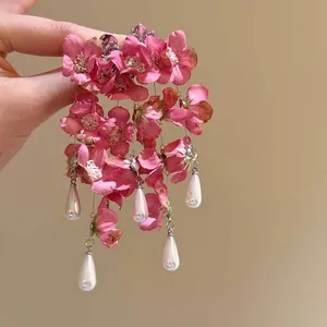 Pink fabric flower tassel earrings with white teardrop pearls for summer beach vacation
