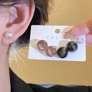 Minimalist round resin pearl stud earrings set in multi-color dopamine fashion style