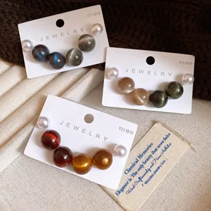 Minimalist 925 silver needle earrings with cat-eye resin pearls in assorted colors