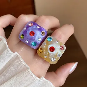Statement dopamine style square resin rings with vibrant colorful rhinestones for women