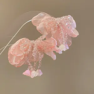 Elegant pink fabric flower earrings with crystal beaded Lily of the Valley tassels