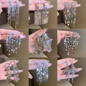 Alloy Sequin Tassel Drop Earrings With 925 Sterling Silver Post Leaf Heart Rhinestone Dangle Earrings For Women Jewelry