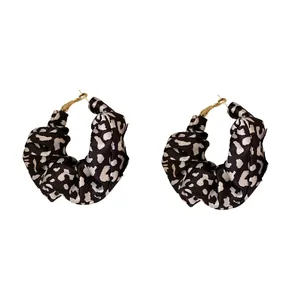 Retro leopard print fabric hoop earrings with hypoallergenic silver pins for women