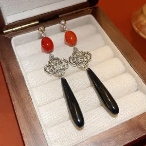 Nuovi Orecchini a Goccia d'Acqua in Stile Cinese Con Perno in Argento S925 Estetica Vintage Perla Rossa Pendaglio Nero Orecchini Pendenti per Donna Gioielli Moda Antica