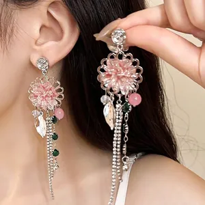 Pink Flower Green Crystal Leaf Tassel Drop Earrings with 925 Sterling Silver Post Alloy Rhinestone Jewelry for Women