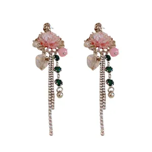 Elegant silver needle floral earrings with leaf charms and crystal tassels