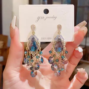 Vintage Palace Style Blue Water Drop Glass Tassel Earrings With 925 Sterling Silver Earring Post Gold Plated Alloy Drop Jewelry For Women