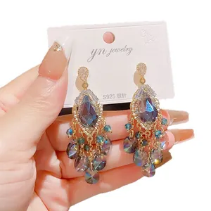 Vintage style glass teardrop tassel earrings with S925 silver needles for elegance.