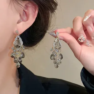 Elegant Glass Bead Rhinestone Tassel Drop Earrings For Women Vintage Light Luxury Style Silver Earring Post Waterdrop Jewelry Gift
