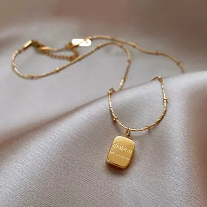 Minimalist Stainless Steel Gold Necklace Rectangular Letter Tag Pendant Necklace Fashion Satellite Chain For Women Daily Jewelry