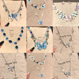 Sweet Butterfly Pendant Necklace For Women Colorful Spray Painted Alloy Rhinestone Artificial Pearl Clavicle Chain Jewelry