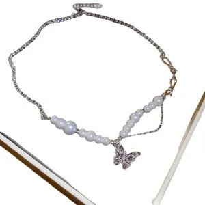 Elegant silver butterfly pendant necklace featuring white pearls for women fashion jewelry