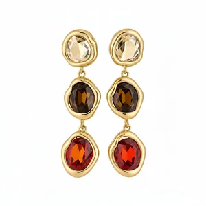 Vintage 18k gold plated drop earrings with champagne, brown, and red stones