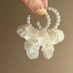 French Elegant White Artificial Pearl Acrylic Petal Drop Earrings With 925 Sterling Silver Earring Post For Women Fashion Jewelry