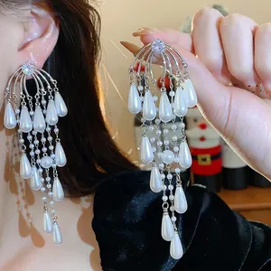 Pendientes de Gota con Borla de Perlas con Poste de Plata de Ley 925 Cobre Diamante de Imitación Pendientes Gota de Agua Mujer