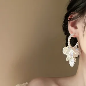 French style pearl hoop earrings with elegant white flower petal tassel for women