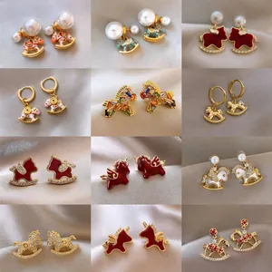 Luxury 316L Stainless Steel Small Horse Stud Earrings Artificial Pearl Rhinestone Inlaid Animal Style Earrings For Women Jewelry