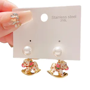 Elegant 316L stainless steel rocking horse pearl drop stud earrings for women jewelry gift