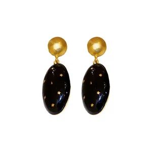 French vintage black enamel oval earrings with gold star pattern and silver needle