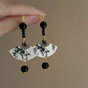 Chinese Style Fan Shaped Resin Drop Earrings With Ink Wash Bamboo Pattern 925 Sterling Silver Post For Women Oriental Fashion Jewelry