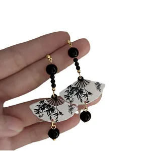 Chinese style fan-shaped resin earrings with ink bamboo pattern for elegant women's jewelry