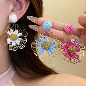 Raffia Flower Drop Earrings Sweet Fresh Petal Floral Dangle Earrings With 925 Sterling Silver Earring Post For Women Vacation