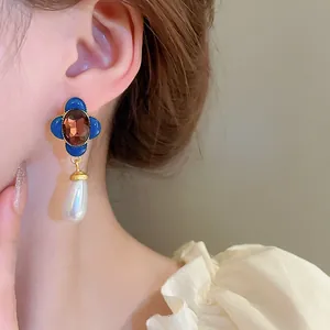 Vintage French style drop earring with blue oil clover and teardrop pearl detail