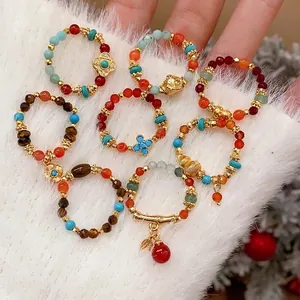 Anello Elastico con Perline Colorate in Agata Occhio di Tigre Placcato Oro per Donna Gioielli Artigianali Retrò Anello Quadrifoglio