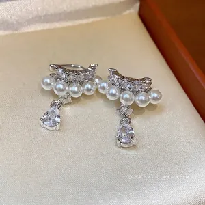 Elegant French style zircon teardrop pearl ear clips for non-pierced ears, silver tone