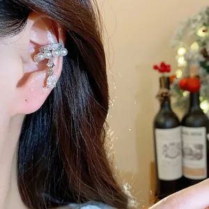 French style pearl ear cuff with zircon teardrop pendant, elegant non-piercing jewelry.