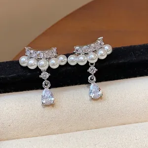 French style zircon and pearl ear clips with water drop pendant for non-pierced ears