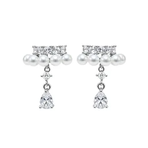 Elegant French style pearl ear clips with zircon water drop pendants in silver finish