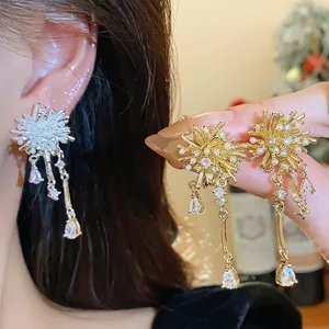 Fireworks Flower Drop Earrings For Women Copper 18K Gold Plated Rhinestone Artificial Pearl Long Tassel Water Drop Earrings Jewelry