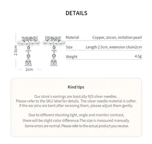 Detailed parameters of French zircon waterdrop pendant pearl earrings showing size and material