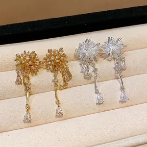 Elegant 18k gold plated firework zircon drop earrings with delicate pearls and crystals