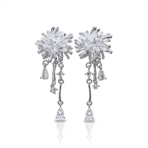 Elegant 18k gold plated firework tassel drop earrings with sparkling zircon and pearl accents