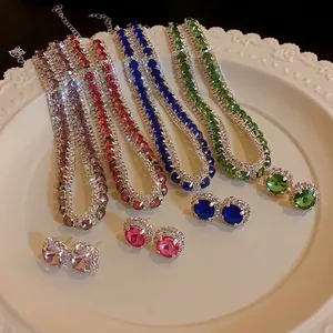 Emerald Square Rhinestone Necklace And Earrings Copper Geometric Luxury Clavicle Chain Accessories Women Elegant Jewelry
