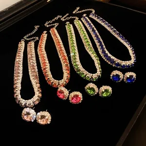 Elegant rhinestone square crystal necklace and stud earring jewelry set in four vibrant colors