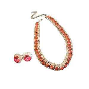Elegant red crystal jewelry set featuring a sparkling necklace and matching stud earrings