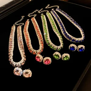 Luxury colorful rhinestone jewelry sets featuring emerald cut necklaces and earrings