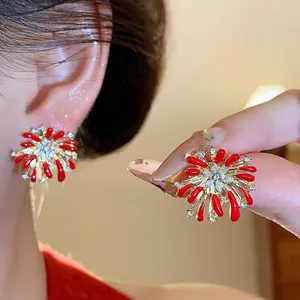 Eleganti Orecchini a Bottone con Fiore di Fuochi d'Artificio Rossi con Perno in Argento Sterling 925 Gioielli in Lega Strass
