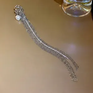 Elegant silver long tassel ear cuff with white pearl and sparkling rhinestones