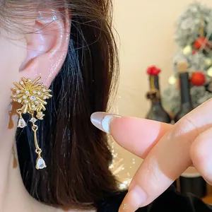 Elegant 18k gold plated zircon firework earrings shown on model ear for detail close-up