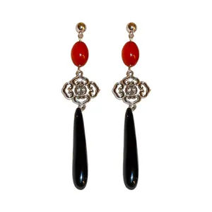 Elegant Chinese style silver drop earrings with red bead and black teardrop pendant