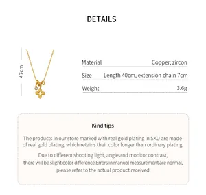 Detail view of gold plated flower necklace with material and size specifications