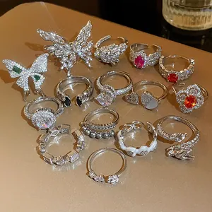 Collection de bagues de luxe en zircon avec motifs dragon, papillon et cœur