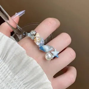 Anello Aperto In Rame A Tema Oceano Con Perla Artificiale Strass Conchiglia Stella Smalto Regolabile Gioielli Estivi Da Spiaggia Per Donna