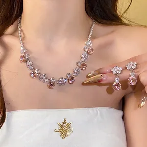 Zirconia Flower Pendant Necklace And Earrings For Women Copper Luxury Floral Jewelry For Banquet Wedding Party