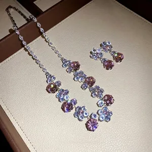 Elegant luxury zircon flower pendant necklace and stud earring jewelry set in pink and white