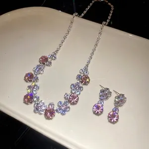 Exquisite pink and white zircon flower jewelry set including necklace and stud earrings